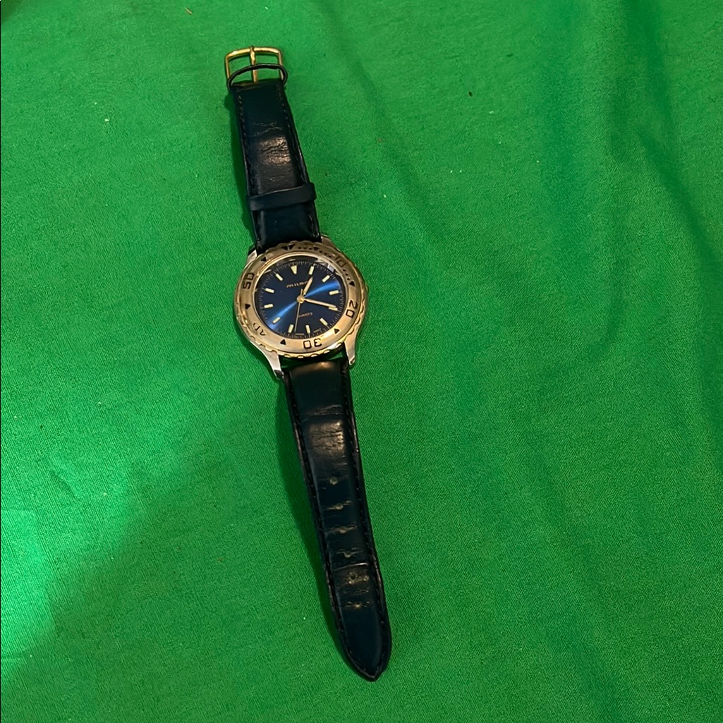 Gold And Blue Watch With Black Leather Strap Vintage Gold And Blue Watch With Black Leather Strap Vintage